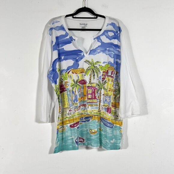 NorthStyle Pullover Tunic Top Women  Sz 2X White Beach Resort Print 3/4 Sleeve - Picture 1 of 11